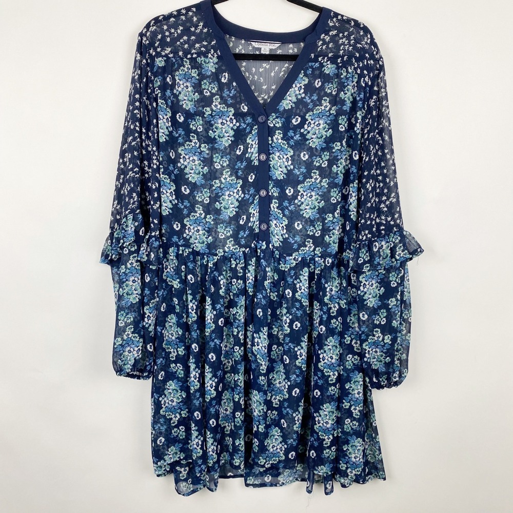 Ophelia Roe Floral Ruffle Babydoll Chiffon Mini Dress Women XL Blue Mixed Print